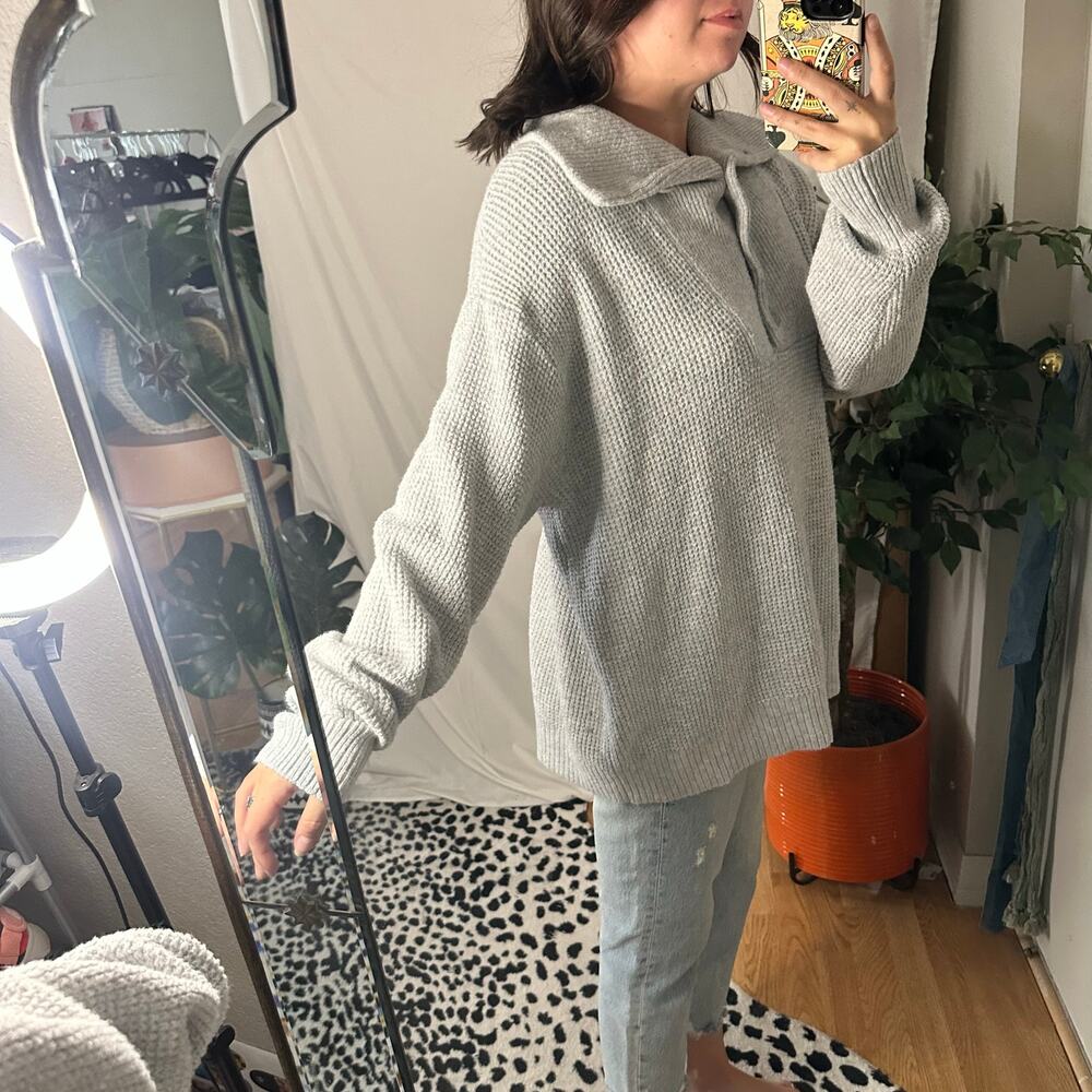 Aerie CozyUp Waffle Button Pullover Sweater Gray Size Large Cozy - Picture 5 of 6